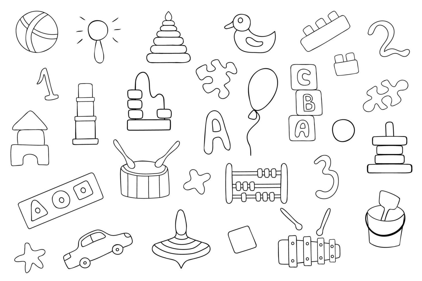 Educational toys. Children's toys for preschool children in the doodle style. A set of vector illustrations on a white background.