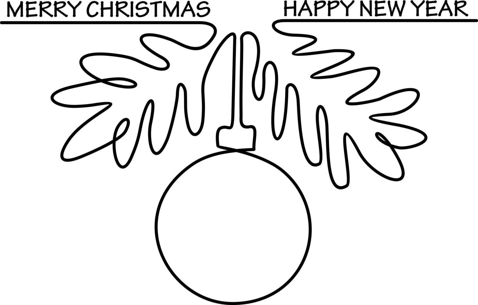 Merry Christmas and happy New Year single continuous line art. Holiday greeting card decoration christmas tree ball silhouette concept design one sketch outline drawing vector illustration