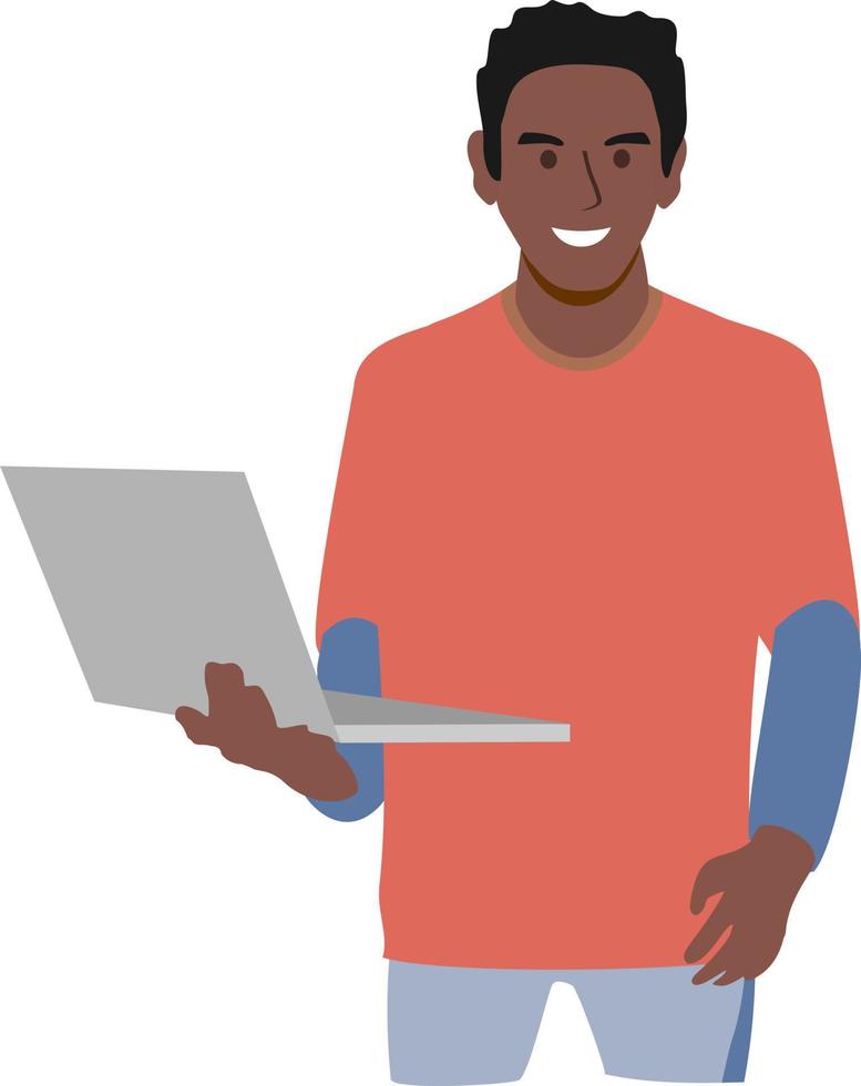 Happy modern student holding laptop. Young smiling man in casual clothing with crossbody bag. Portrait of smart guy from university vector