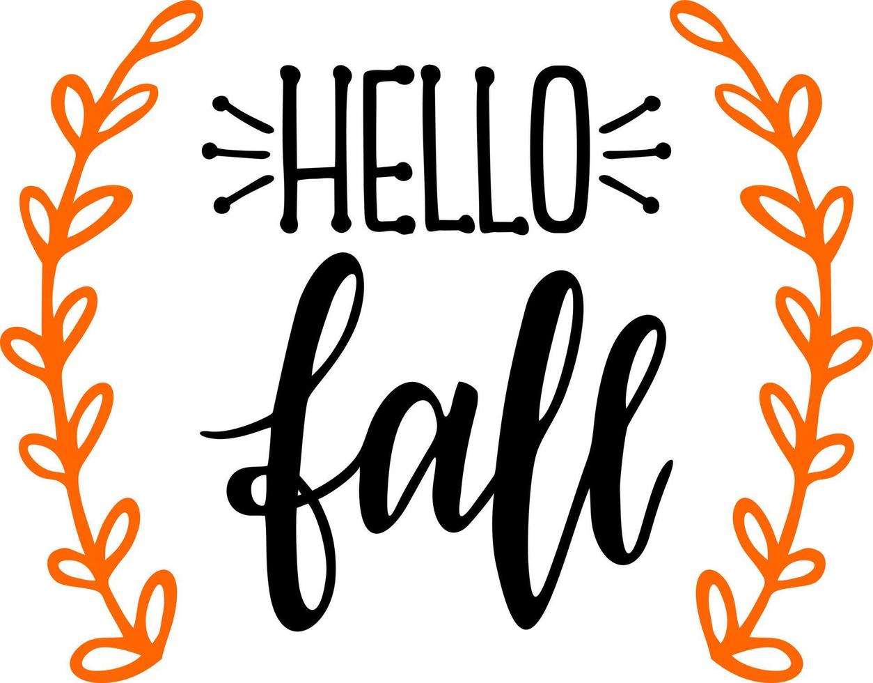 Hello, fall lettering text with autumn leaves. Hand drawn. Black and white poster design elements vector