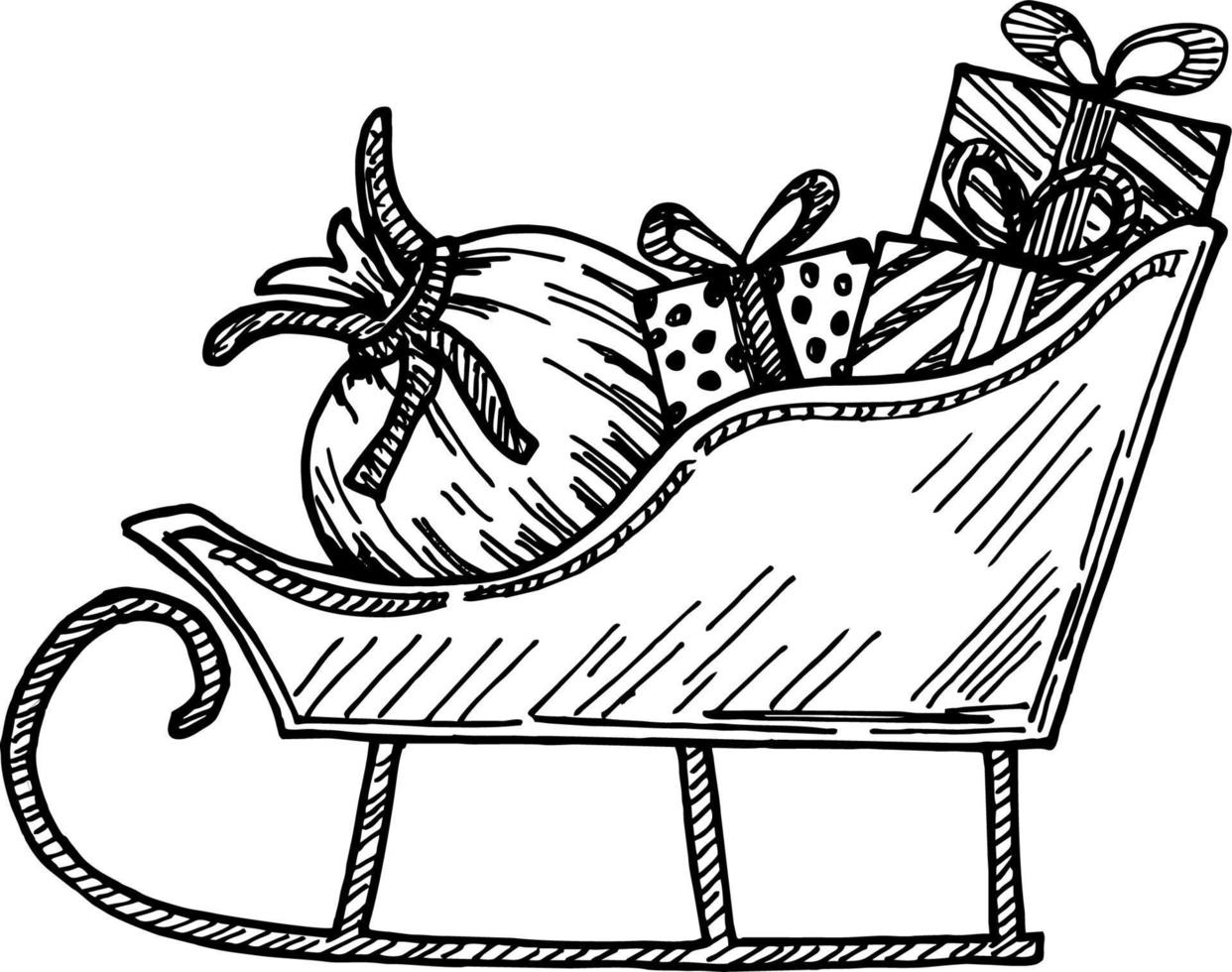 trineo de santa con cajas de regalos de navidad con arcos y árbol de navidad. boceto ilustración vectorial vector