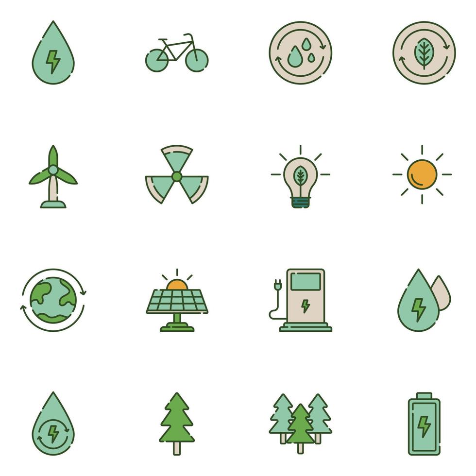 vector de conjunto de iconos de línea llena de ecología