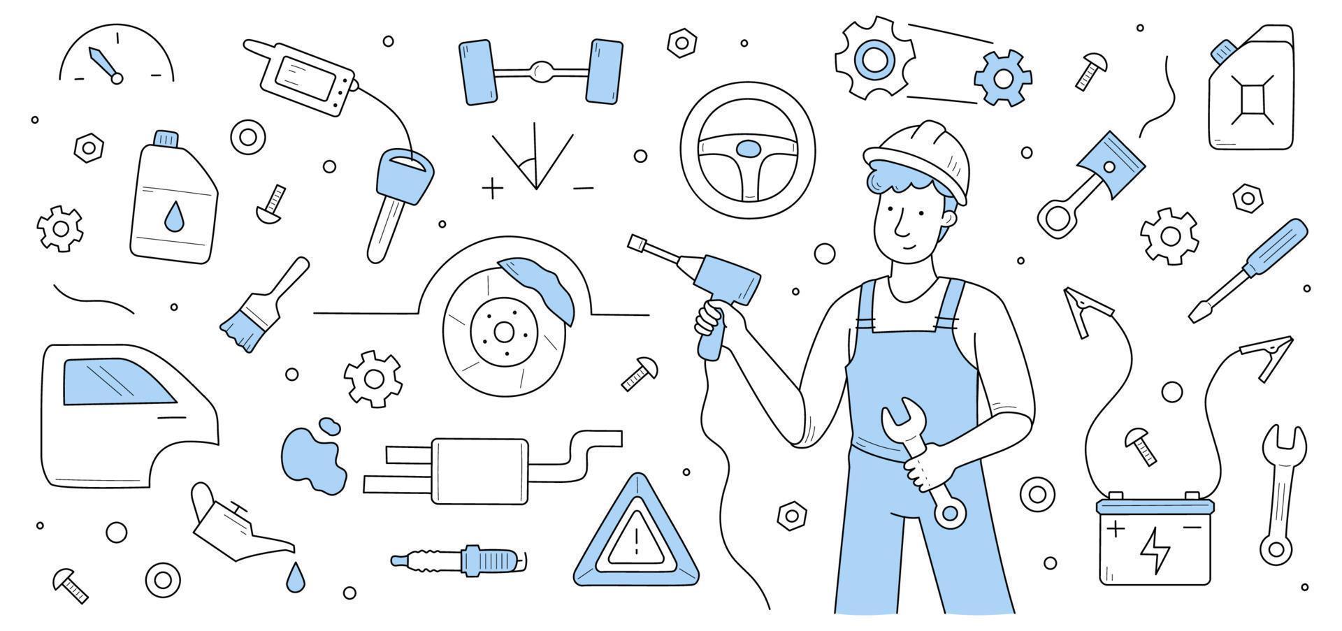 Car service doodle concept, mechanic garage vector