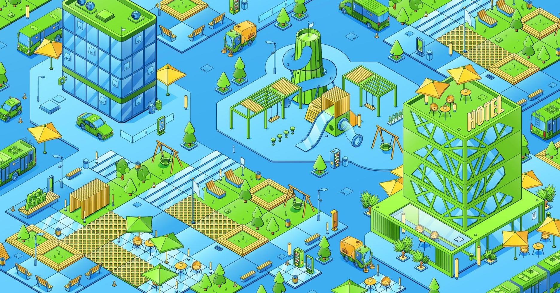 Isometric city with eco park, playground, hotel vector