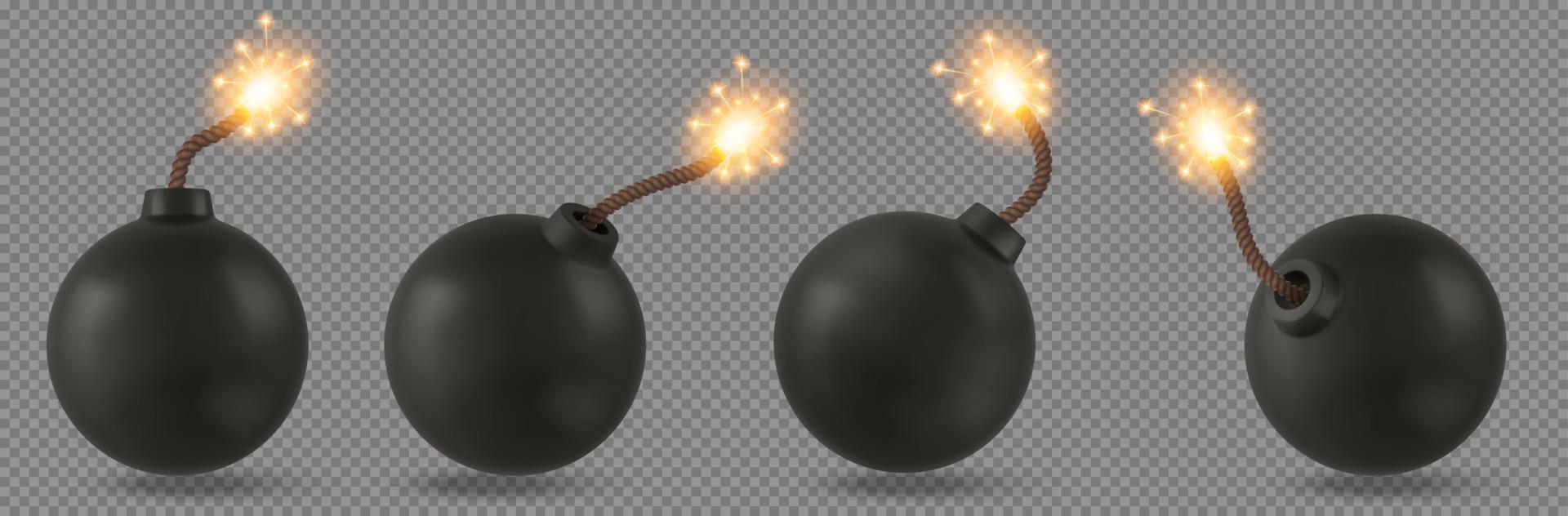 Bombs with burning fuse realistic 3d, set vector