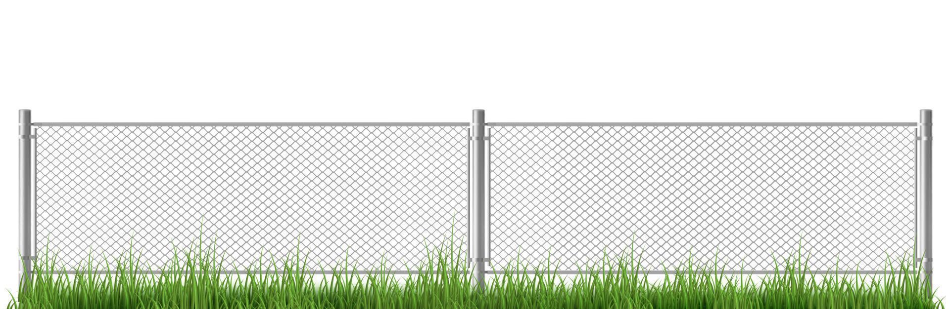 Wire fence with gates on green grass, chain link vector