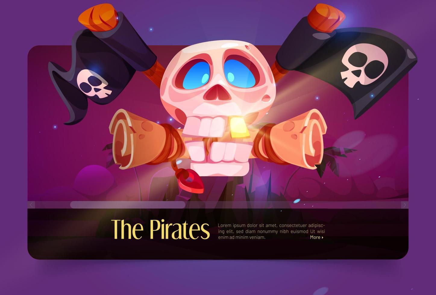 Pirates banner with skull, old map and black flags vector