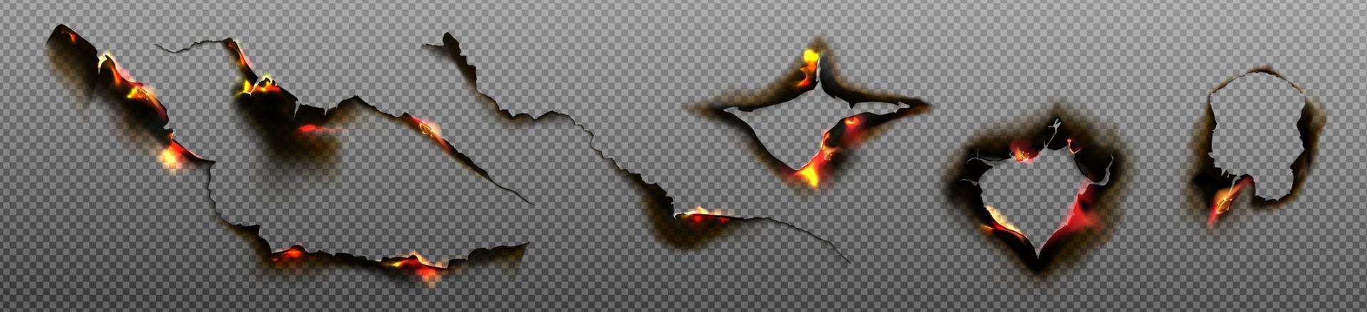 Burn paper holes and borders, burnt pages set vector