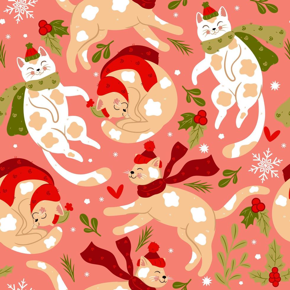 Seamless pattern with cute Christmas cats in hats and scarves. Vector graphics.