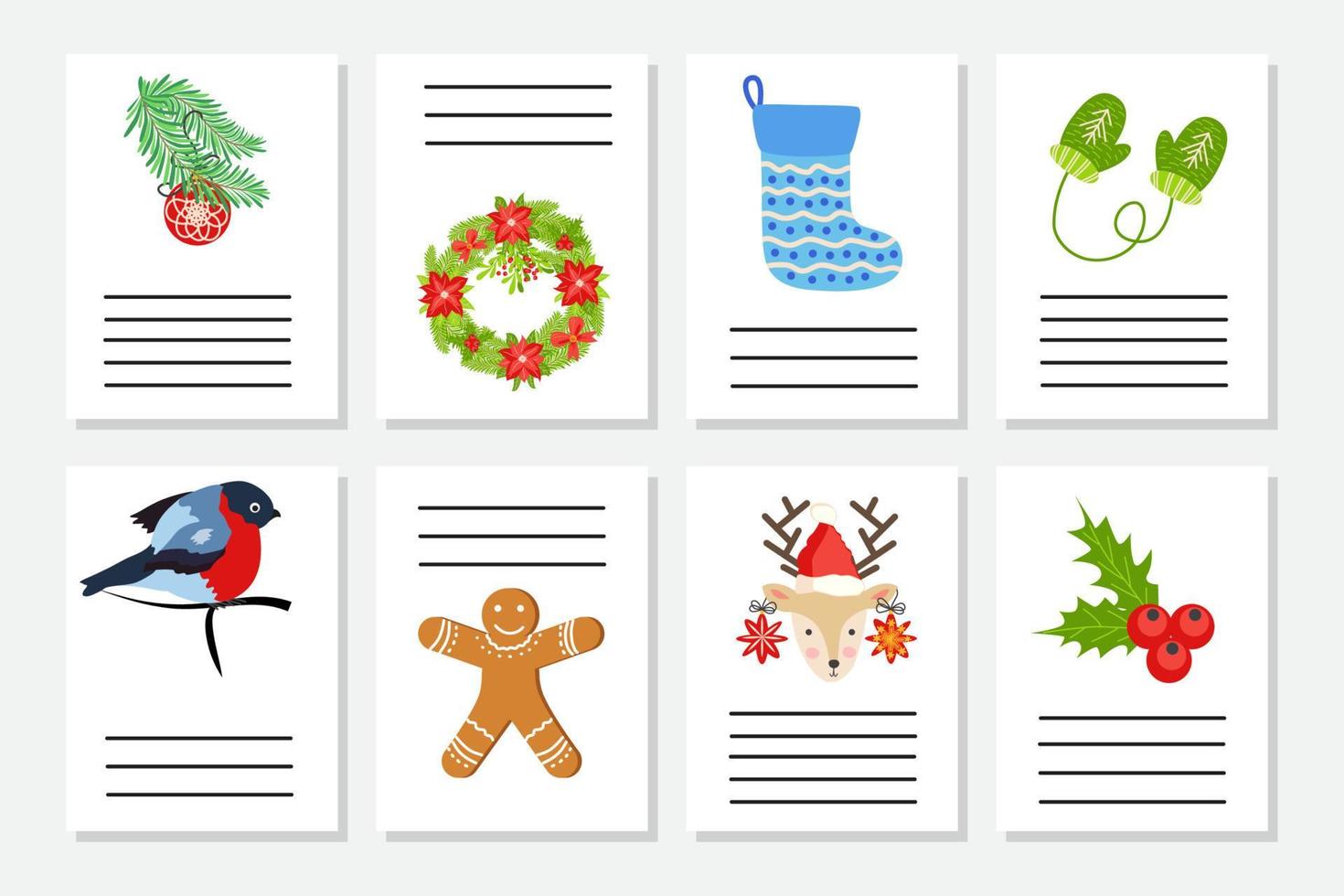 conjunto de saludo de navidad o invitación. postales con símbolos de año nuevo, árbol de navidad, copos de nieve, regalos, bastón de caramelo vector