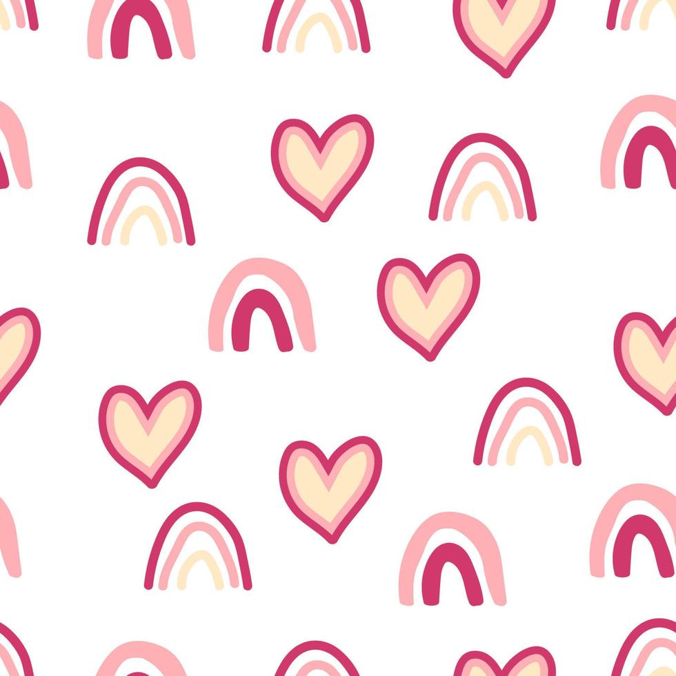 Seamless childish pattern with hand drawn rainbows and hearts. Creative scandinavian kids texture for fabric vector