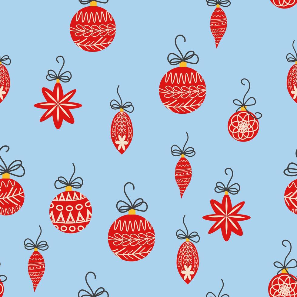 Hand drawn seamless pattern with cute hand drawn Christmas tree decorations, baubles. Repetitive New Year baubles print. vector