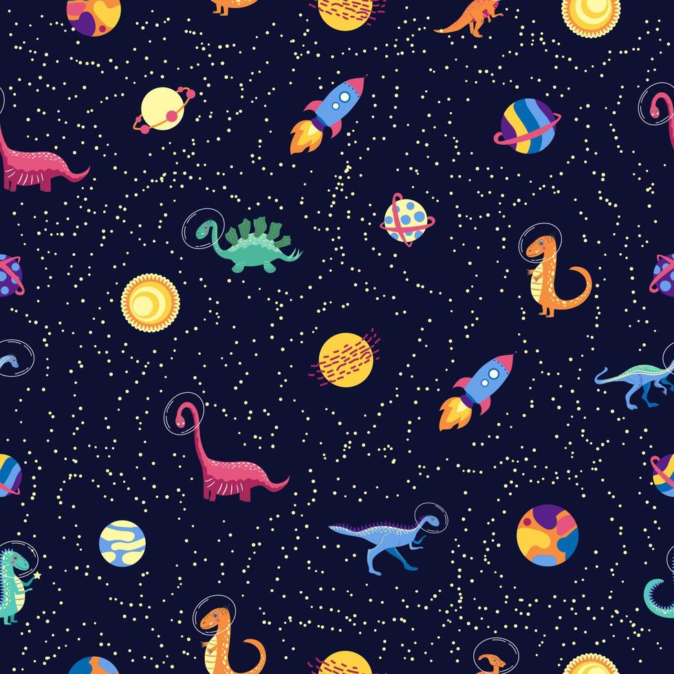 Dino in space seamless pattern. Cute dragon characters, dinosaur traveling galaxy with stars, planets. Kids cartoon background. Illustration of astronaut dragon, kids wrapping with cosmic dino vector