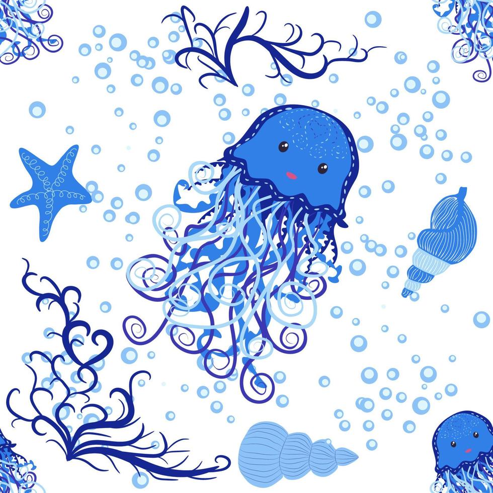 Seamless pattern with detailed transparent jellyfish. Childish seamless pattern with cute hand drawn fishes and jellyfishes in doodle style. Trendy nursery background vector