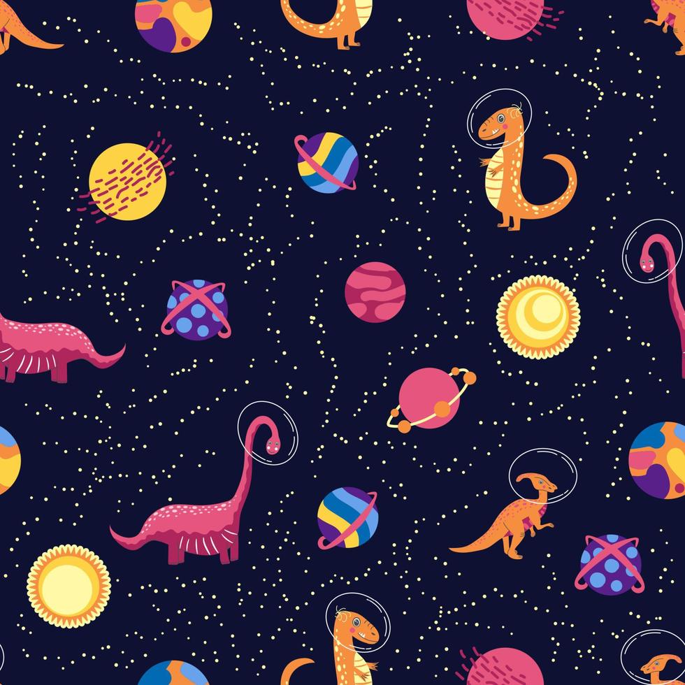 Dino in space seamless pattern. Cute dragon characters, dinosaur traveling galaxy with stars, planets. Kids cartoon background. Illustration of astronaut dragon, kids wrapping with cosmic dino vector