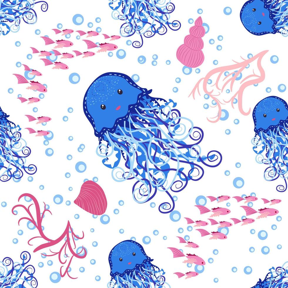 Seamless pattern with detailed transparent jellyfish. Childish seamless pattern with cute hand drawn fishes and jellyfishes in doodle style. Trendy nursery background vector