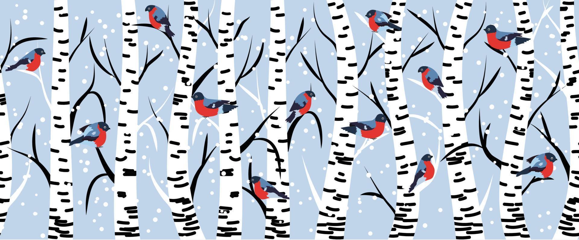 Winter seamless pattern with bullfinches and birch trees. vector