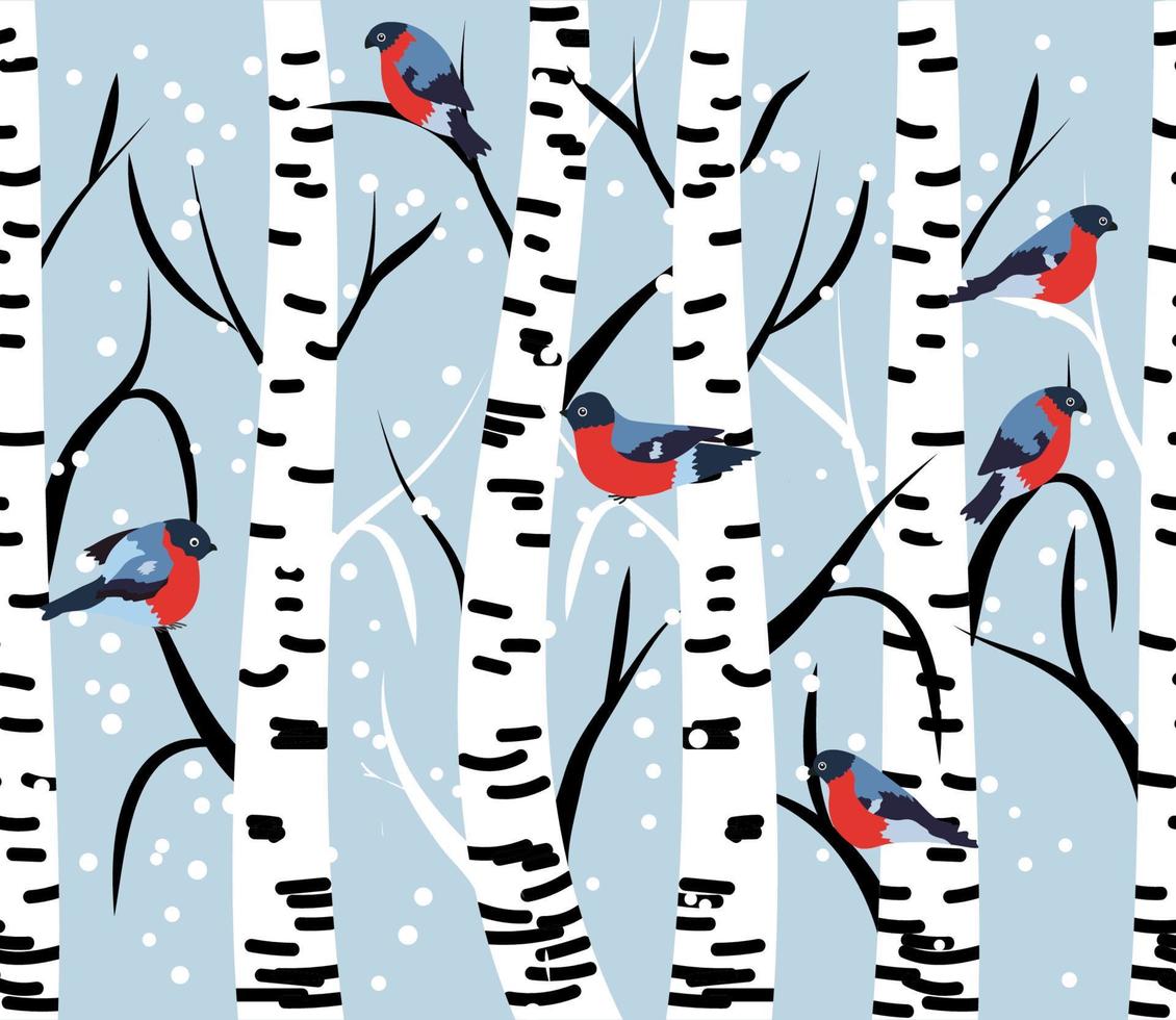 Winter seamless pattern with bullfinches and birch trees. vector