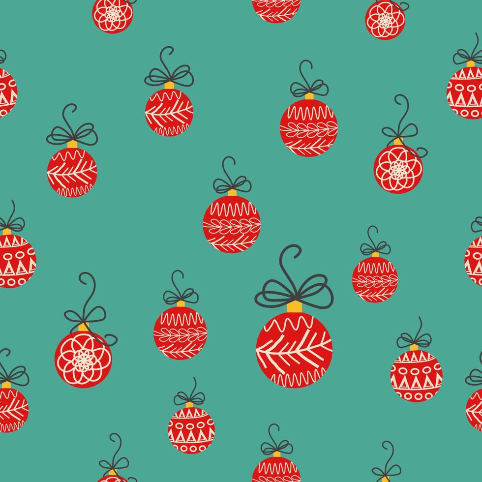 Hand drawn seamless pattern with cute hand drawn Christmas tree decorations, baubles. Repetitive New Year baubles print. vector