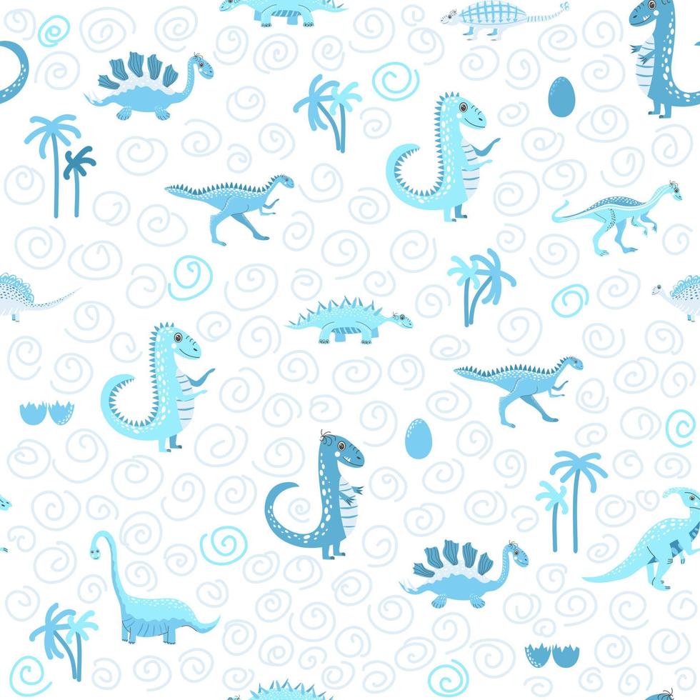 lindos dinosaurios de patrones sin fisuras. patrón sólido, tonos de azul, verde, rosa, naranja, morado, gris. dinosaurio divertido de la historieta vector