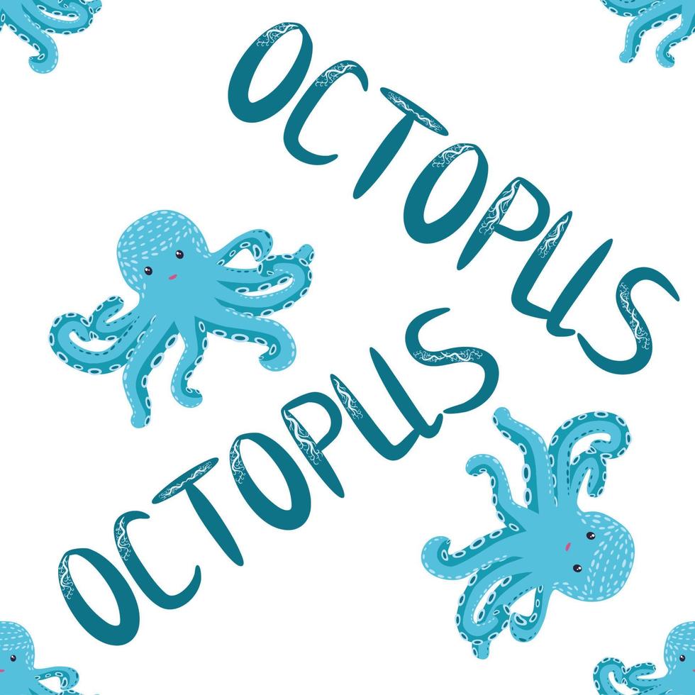 Seamless pattern with cute octopus, seaweed and pearl. Trendy nursery background vector