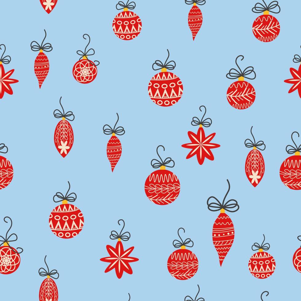 Hand drawn seamless pattern with cute hand drawn Christmas tree decorations, baubles. Repetitive New Year baubles print. vector