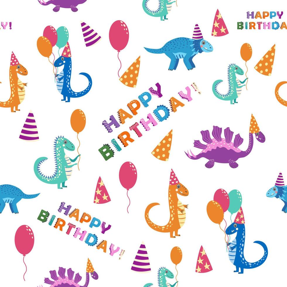 patrón sin costuras con lindos dinosaurios feliz cumpleaños vector