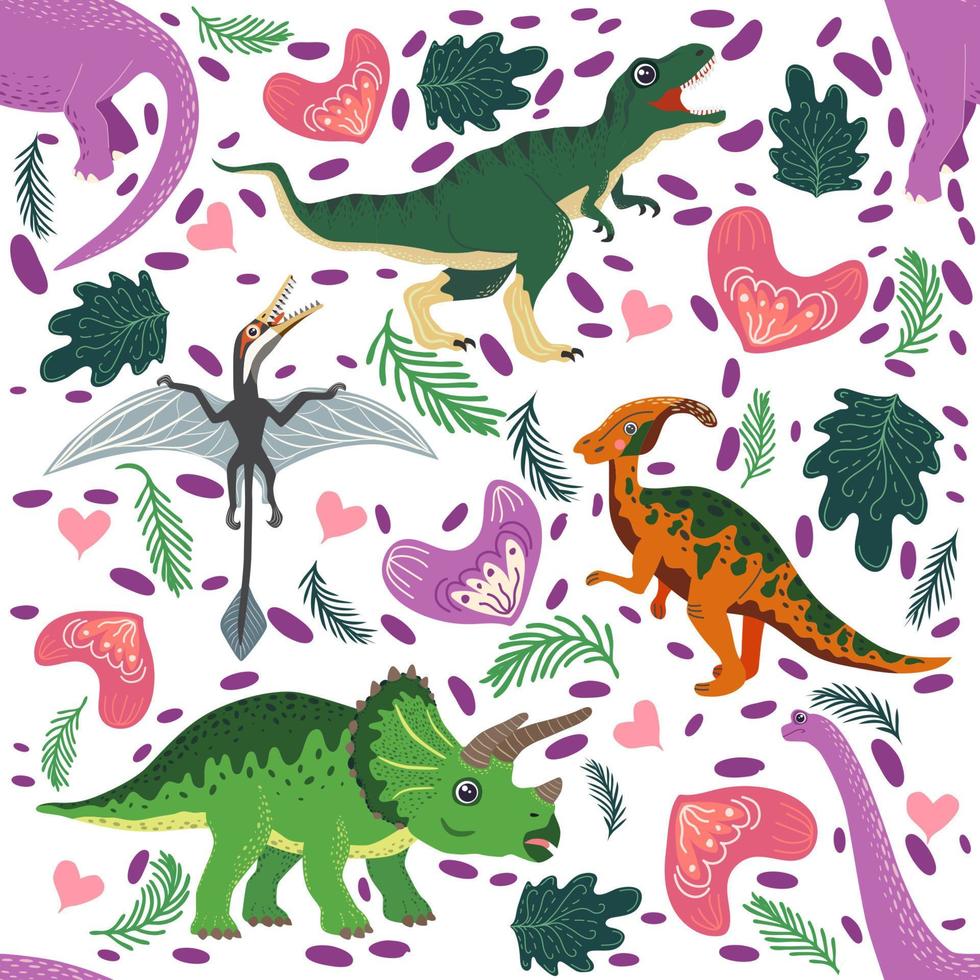 Doodle dinosaur pattern. Seamless textile dragon print, trendy childish fabric background, cartoon dinosaurs. vector