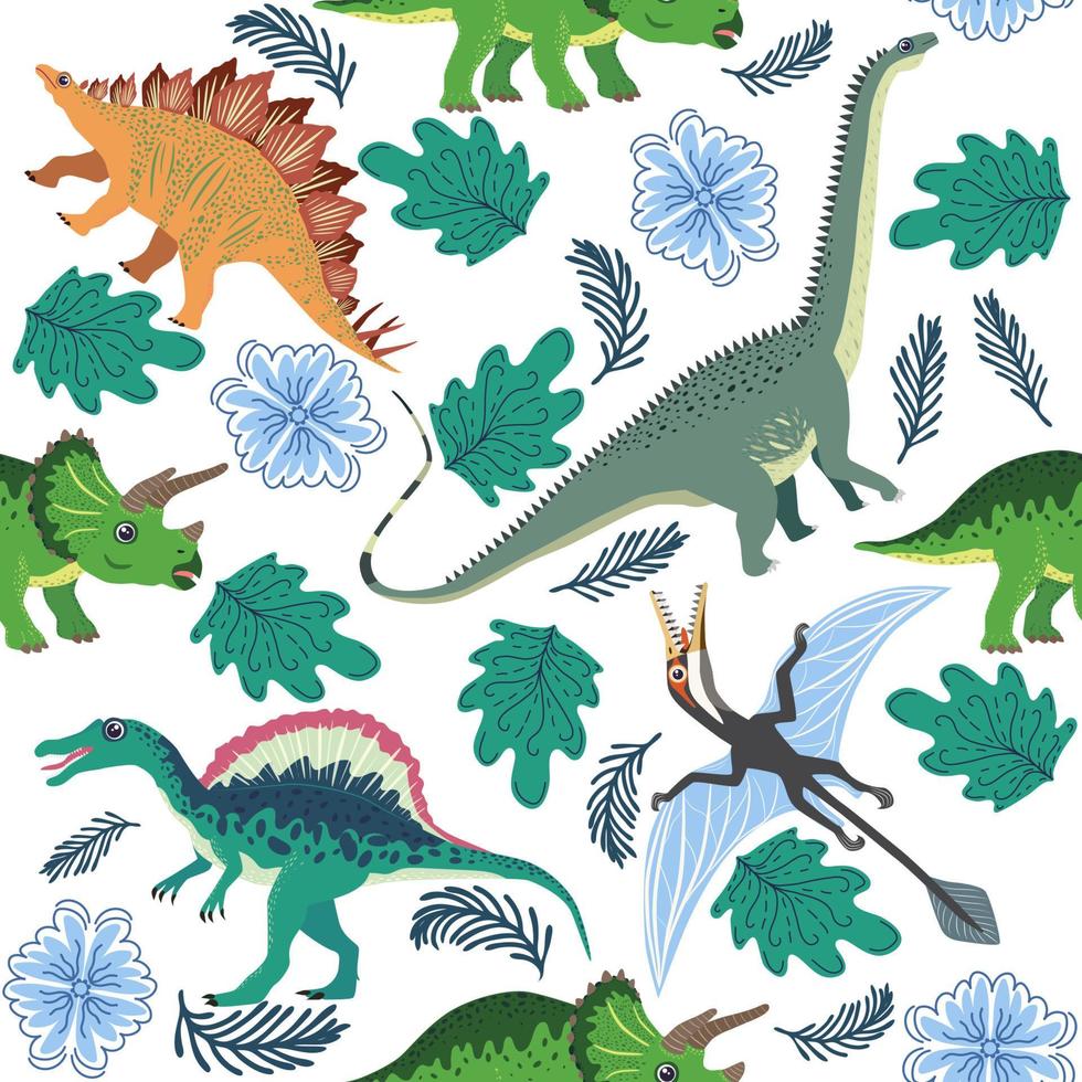 Doodle dinosaur pattern. Seamless textile dragon print, trendy childish fabric background, cartoon dinosaurs. vector