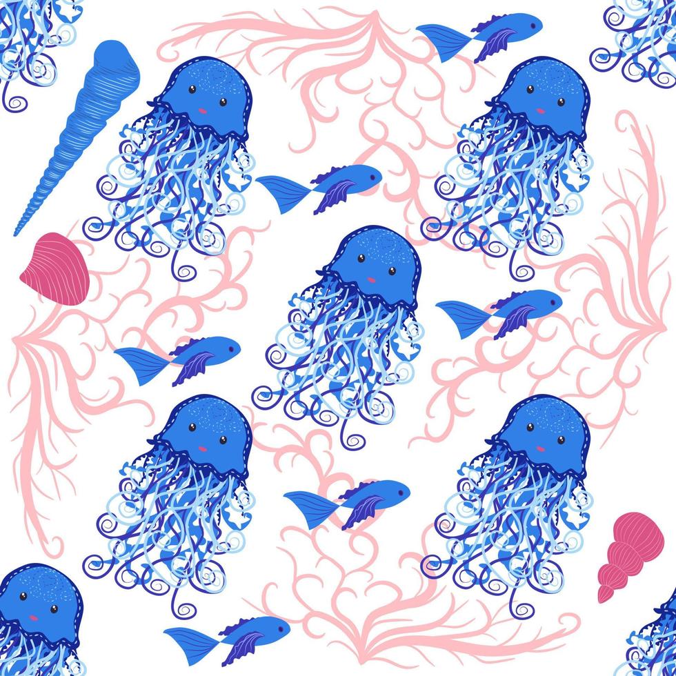 Seamless pattern with detailed transparent jellyfish. Childish seamless pattern with cute hand drawn fishes and jellyfishes in doodle style. Trendy nursery background vector
