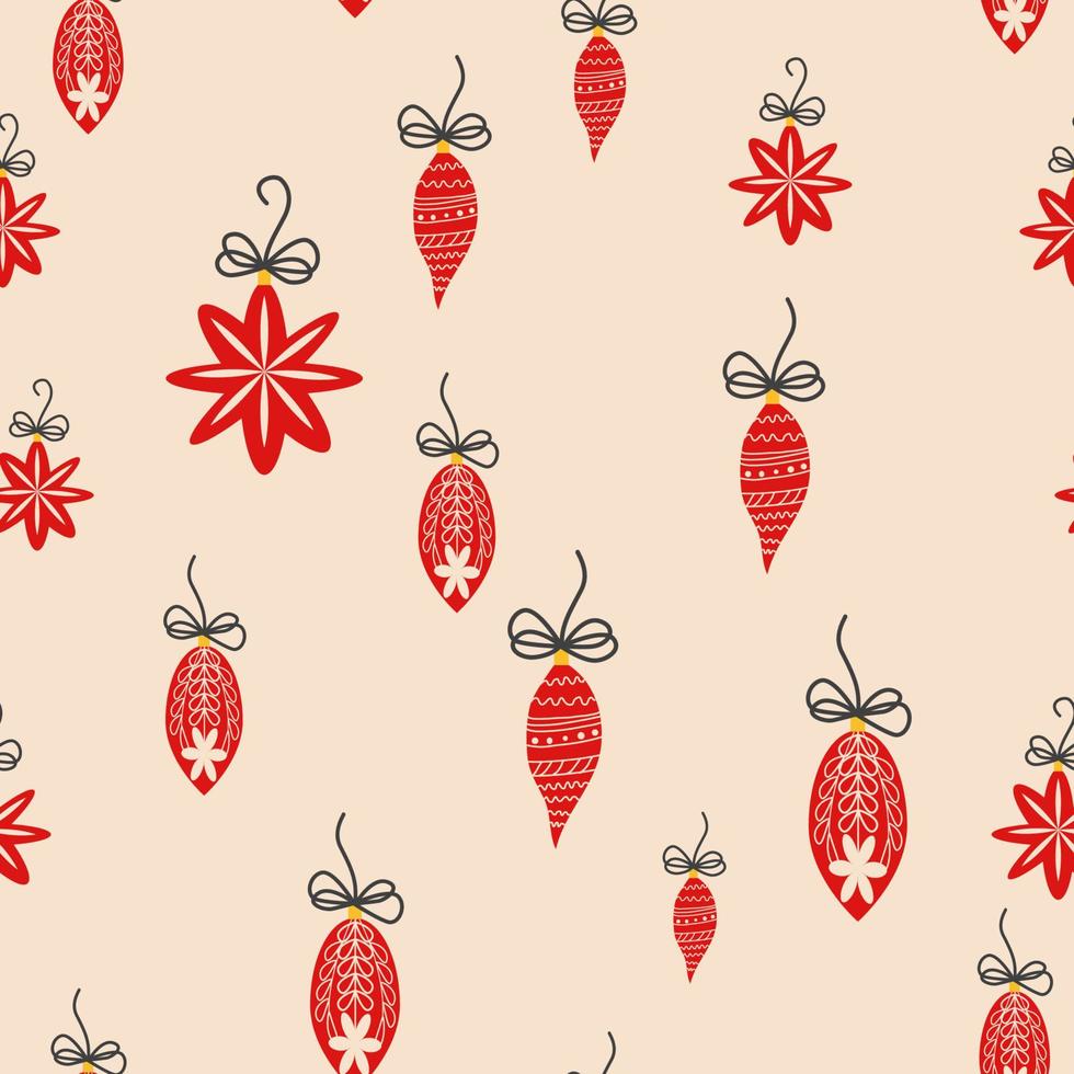 Hand drawn seamless pattern with cute hand drawn Christmas tree decorations, baubles. Repetitive New Year baubles print. vector