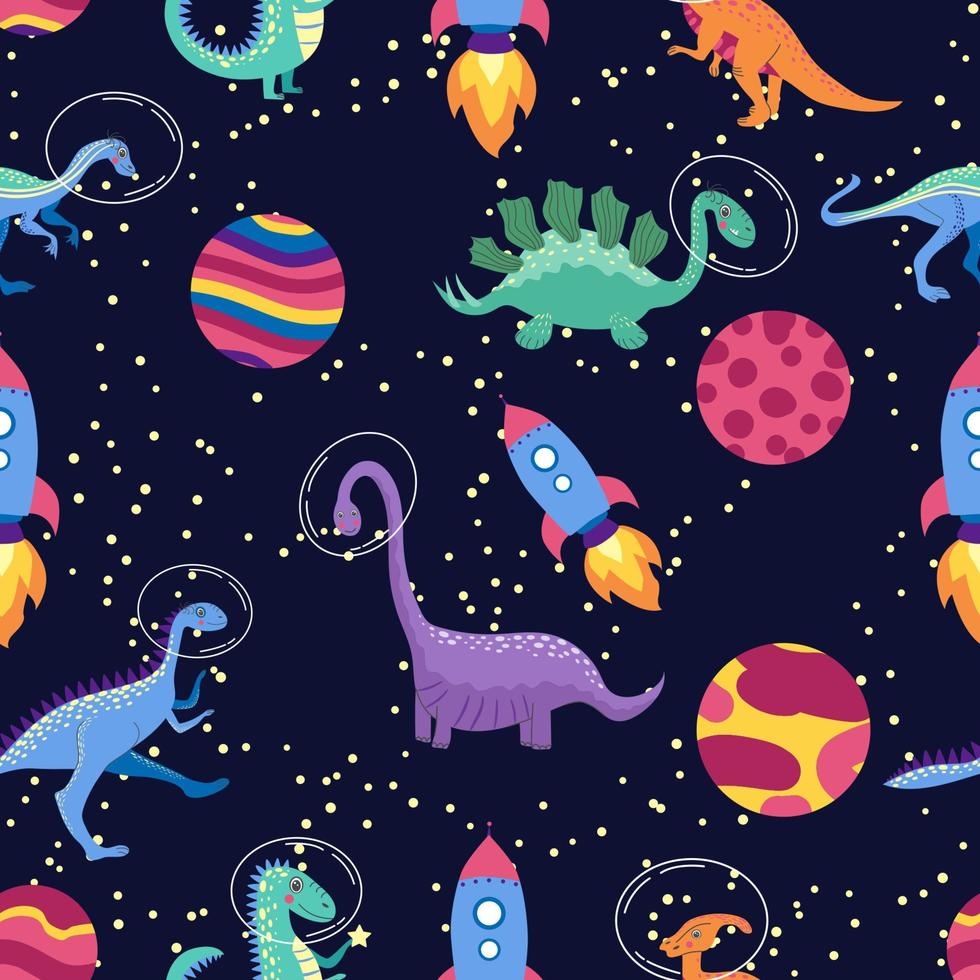 dino en el espacio de patrones sin fisuras. lindos personajes de dragones, galaxia viajera de dinosaurios con estrellas, planetas. fondo de dibujos animados de niños. ilustración de dragón astronauta, niños envolviendo con dino cósmico vector