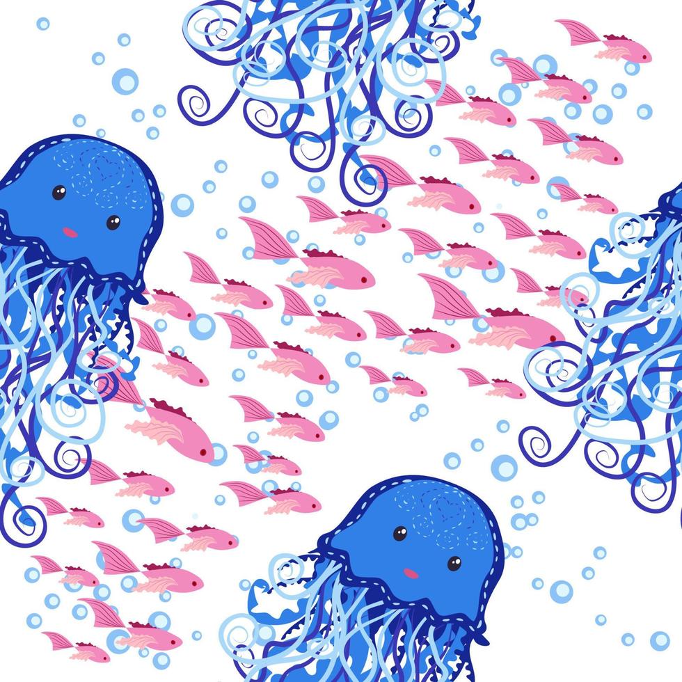 Seamless pattern with detailed transparent jellyfish. Childish seamless pattern with cute hand drawn fishes and jellyfishes in doodle style. Trendy nursery background vector