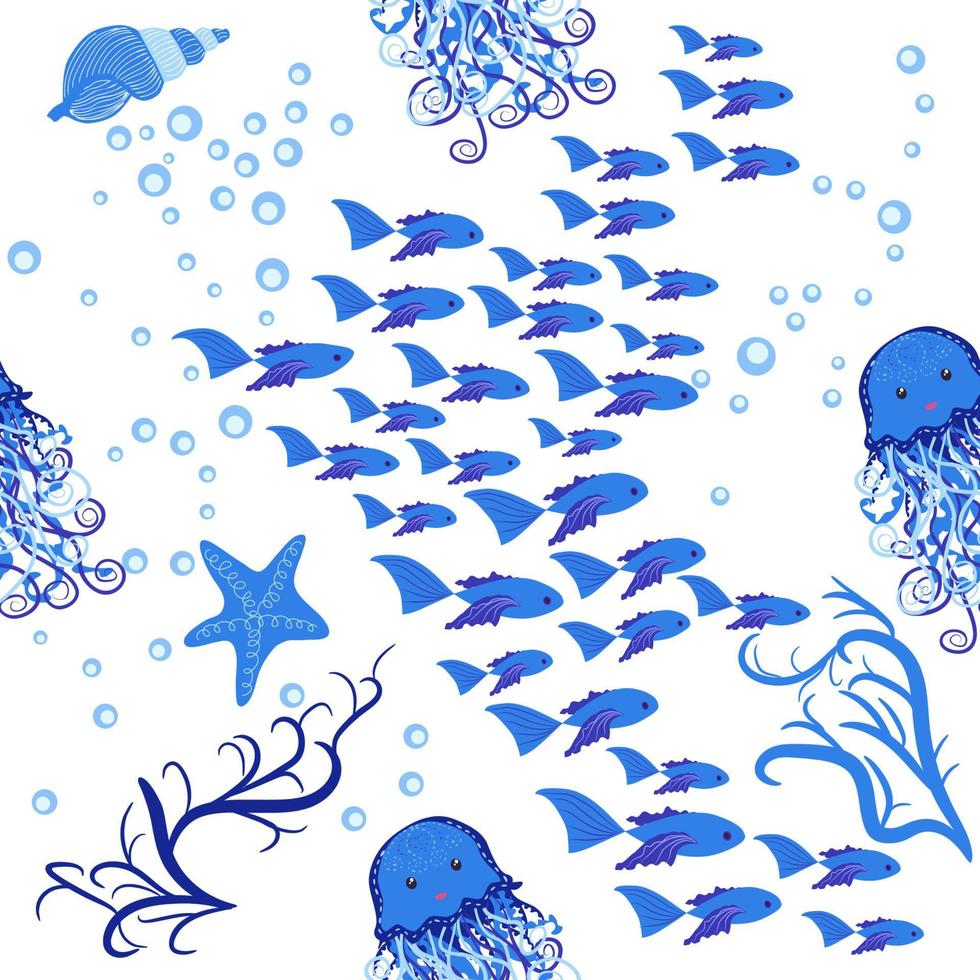 Seamless pattern with detailed transparent jellyfish. Childish seamless pattern with cute hand drawn fishes and jellyfishes in doodle style. Trendy nursery background vector