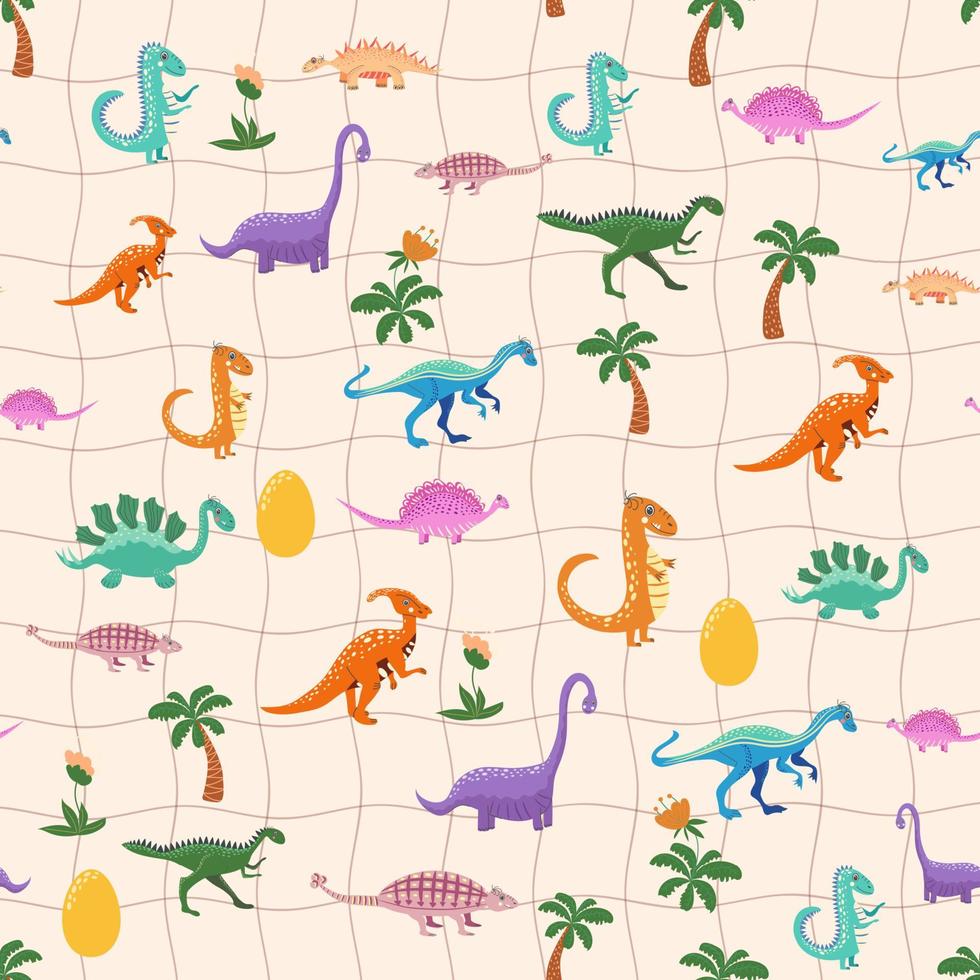 Hand drawn cute dinosaurs seamless pattern. Childrens pattern with dinos, rainbows, clouds, stars, polka dots vector