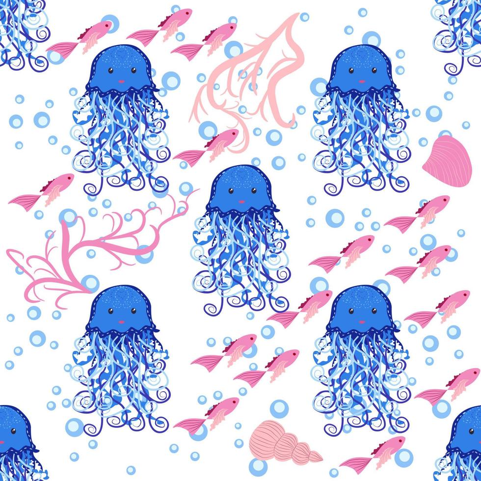 Seamless pattern with detailed transparent jellyfish. Childish seamless pattern with cute hand drawn fishes and jellyfishes in doodle style. Trendy nursery background vector