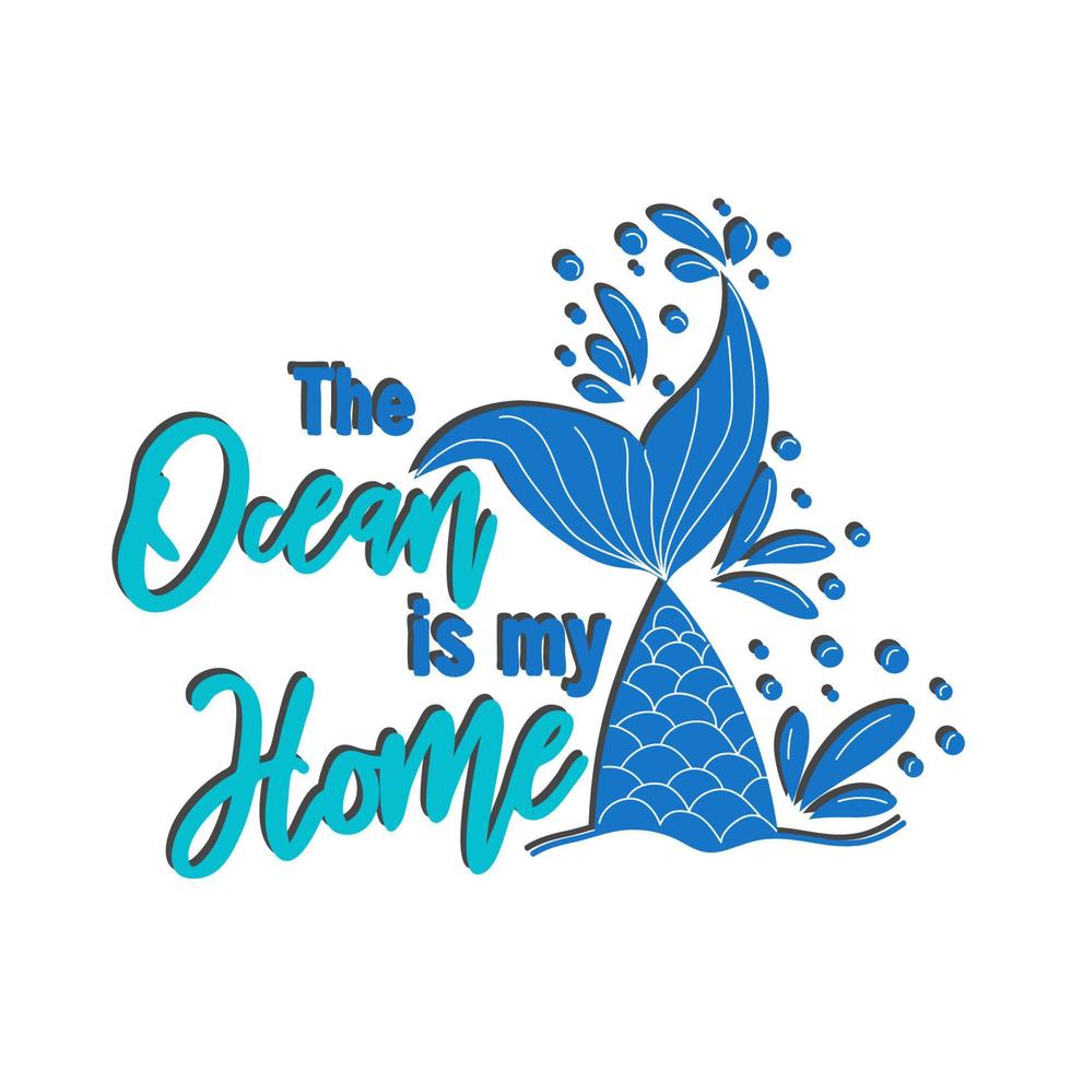 Mermaid card with hand drawn sea elements and lettering. vector