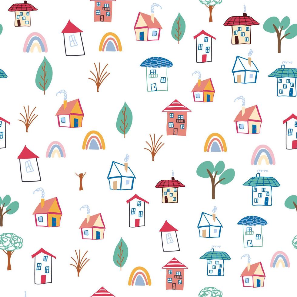 Pattern seamless kids with home doodle coloring element. house pattern, cute colorful homes, funny children decor. vector