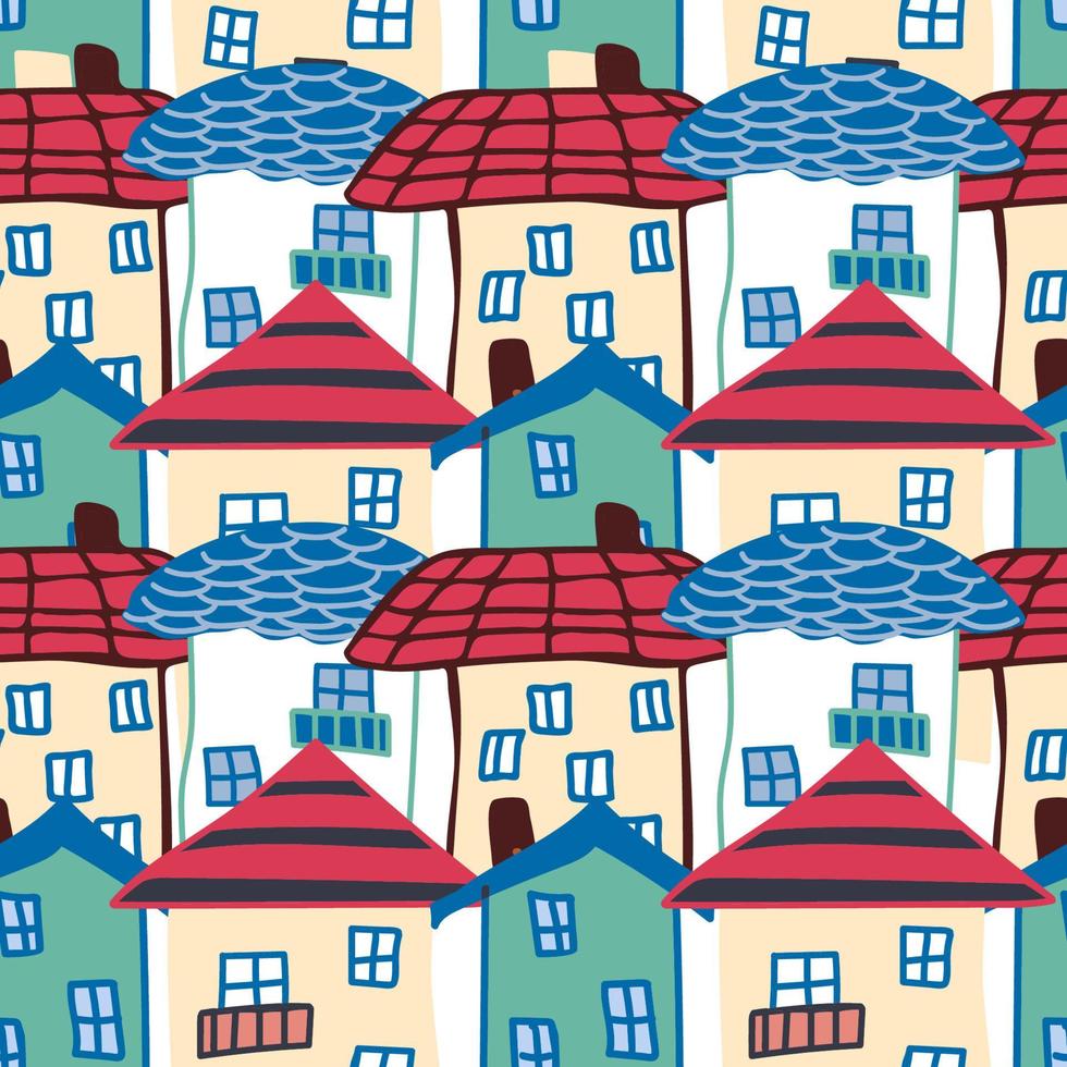 House seamless pattern, standing tight. Naive childish style. City, roof. vector