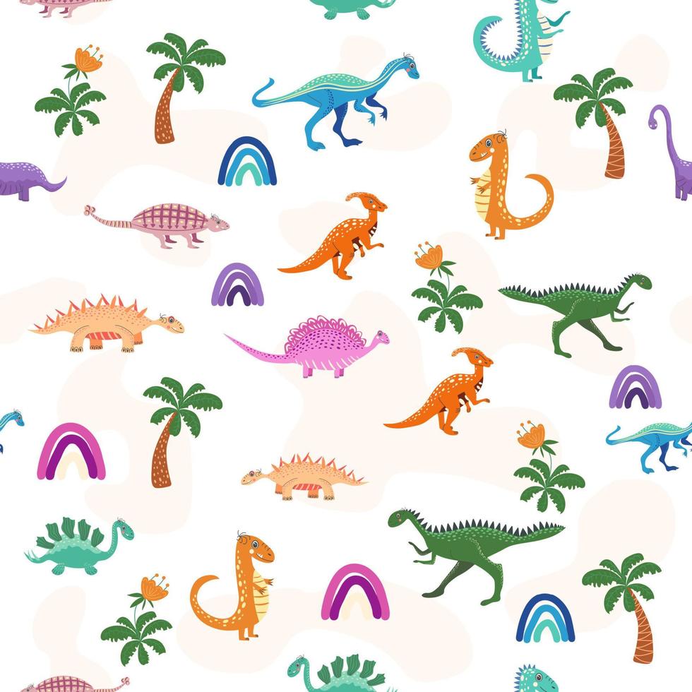 Hand drawn cute dinosaurs seamless pattern. Childrens pattern with dinos, rainbows, clouds, stars, polka dots vector