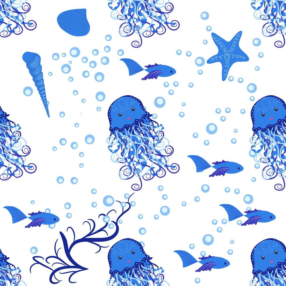 Seamless pattern with detailed transparent jellyfish. Childish seamless pattern with cute hand drawn fishes and jellyfishes in doodle style. Trendy nursery background vector