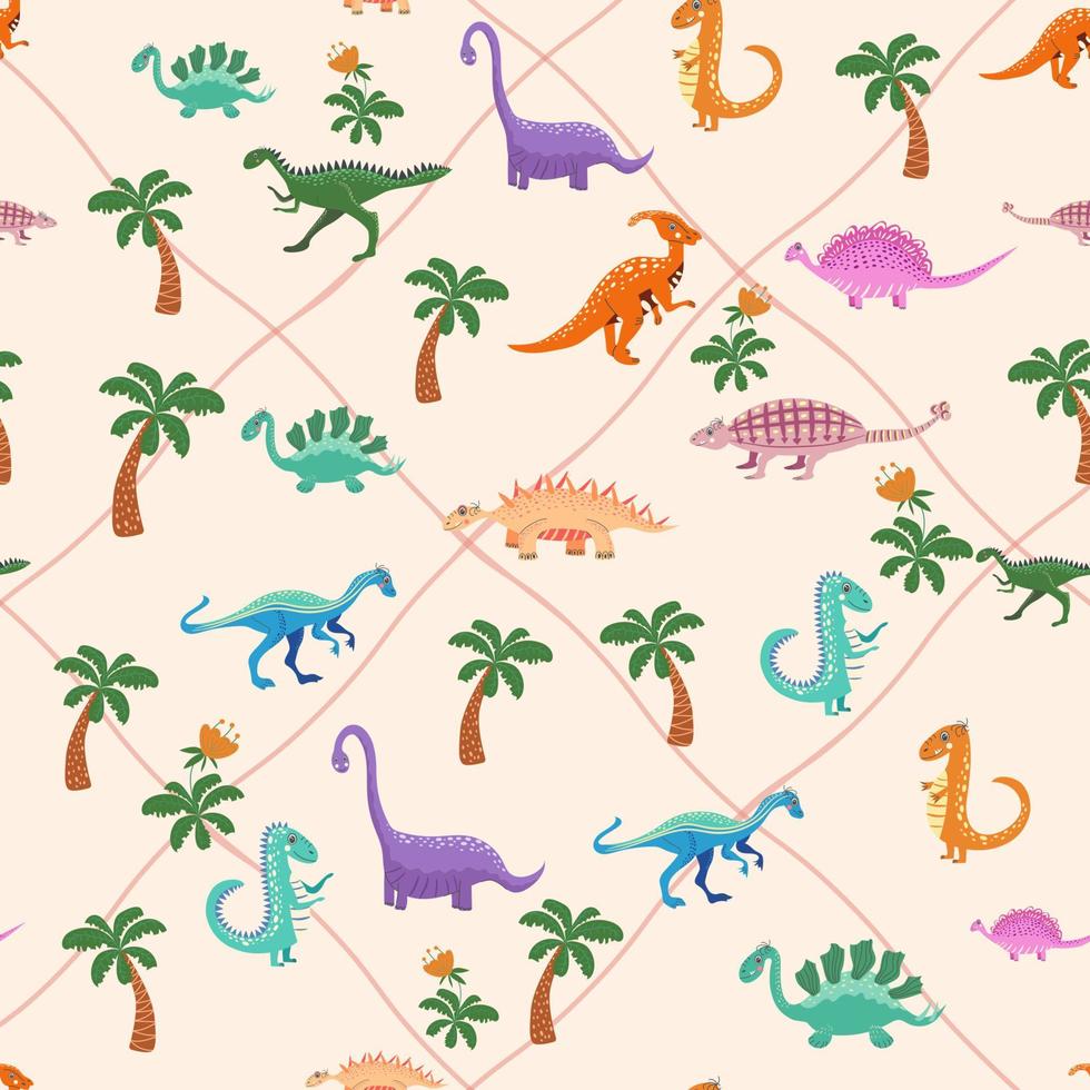dinosaurios lindos dibujados a mano de patrones sin fisuras. patrón infantil con dinosaurios, arcoíris, nubes, estrellas, lunares vector