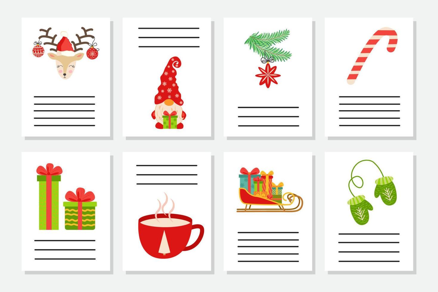 conjunto de saludo de navidad o invitación. postales con símbolos de año nuevo, árbol de navidad, copos de nieve, regalos, bastón de caramelo vector