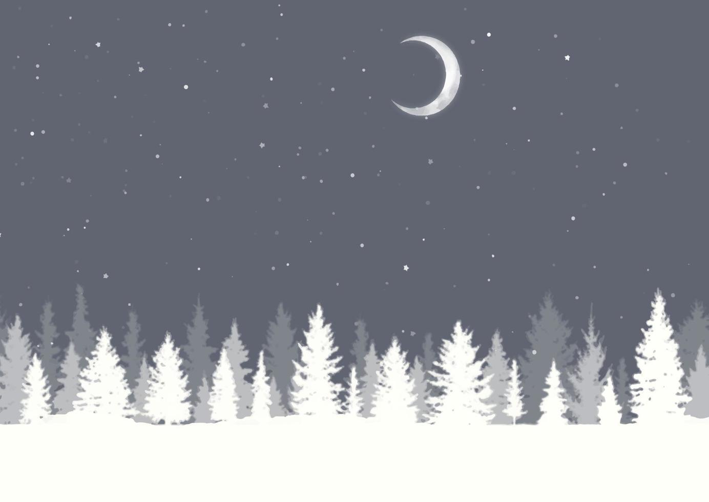 fondo de navidad con paisaje de árboles de invierno y cielo nevado iluminado por la luna vector