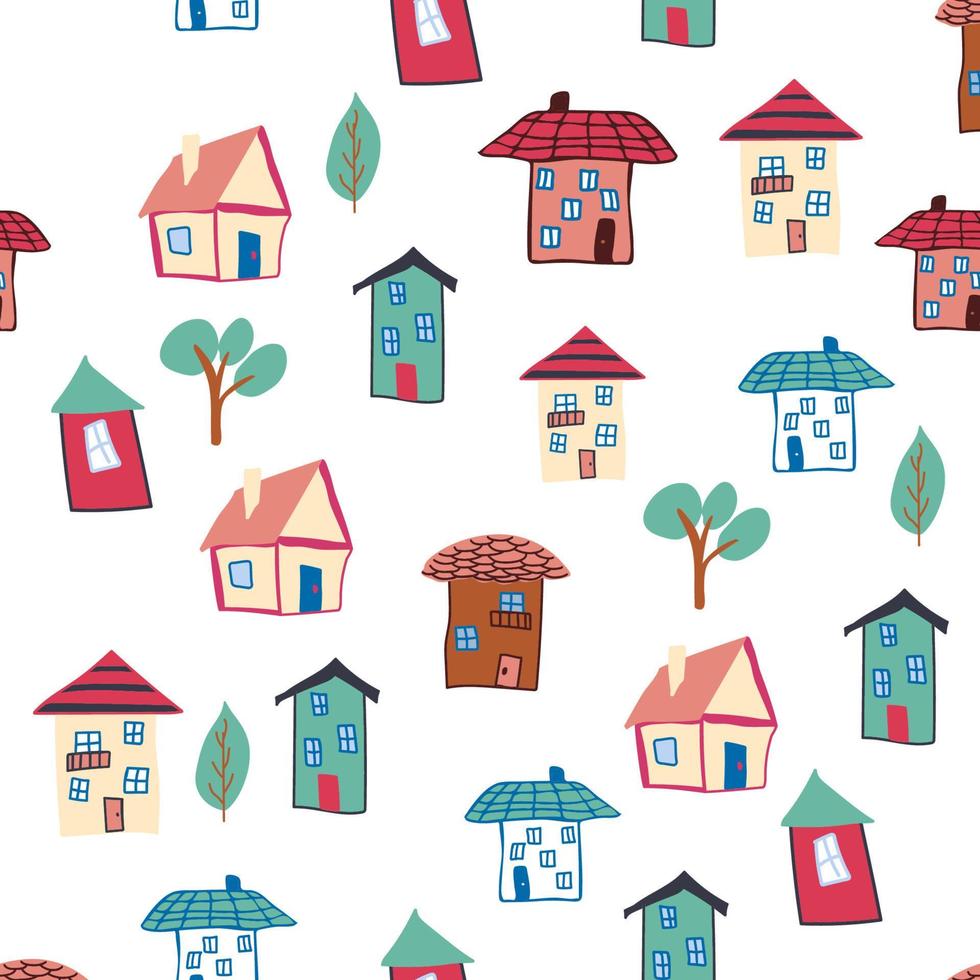 Pattern seamless kids with home doodle coloring element. house pattern, cute colorful homes, funny children decor. vector