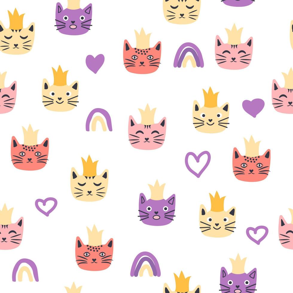 Seamless cat princess pattern. Cute princess cats seamless pattern, little kitty. vector