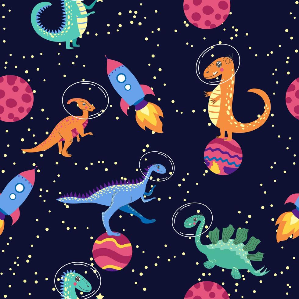 Dino in space seamless pattern. Cute dragon characters, dinosaur traveling galaxy with stars, planets. Kids cartoon background. Illustration of astronaut dragon, kids wrapping with cosmic dino vector