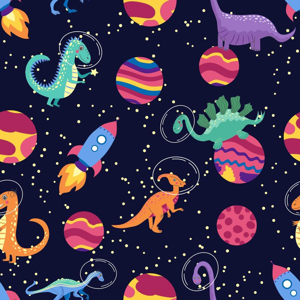 Dino in space seamless pattern. Cute dragon characters, dinosaur traveling galaxy with stars, planets. Kids cartoon background. Illustration of astronaut dragon, kids wrapping with cosmic dino vector