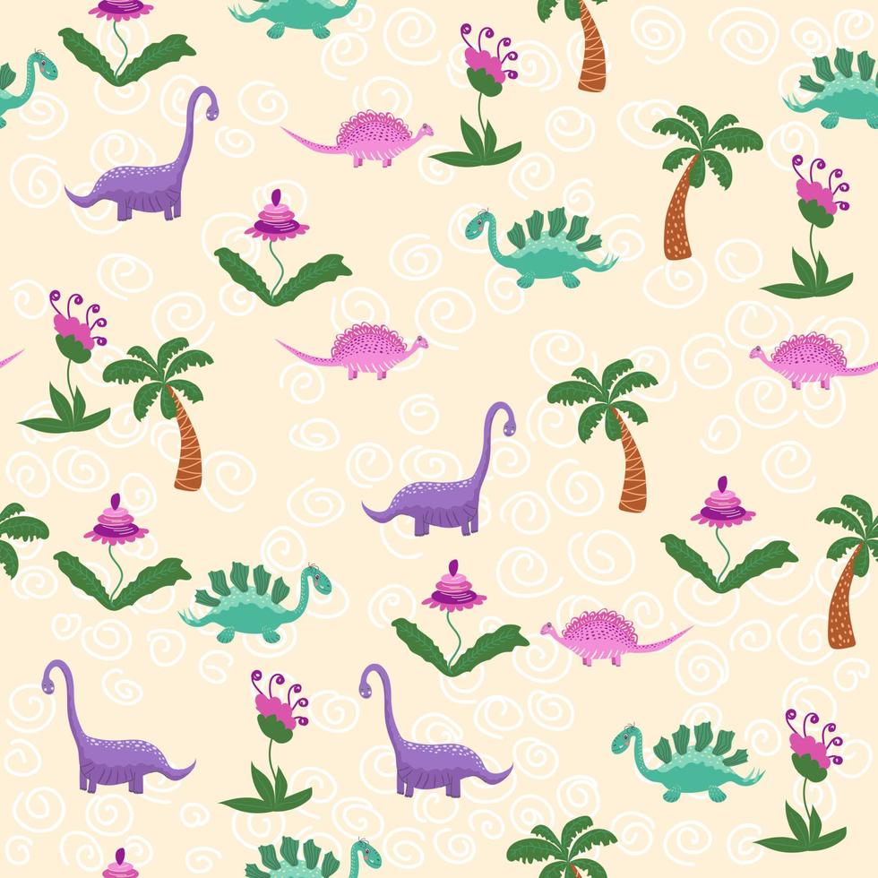 Hand drawn cute dinosaurs seamless pattern. Childrens pattern with dinos, rainbows, clouds, stars, polka dots vector