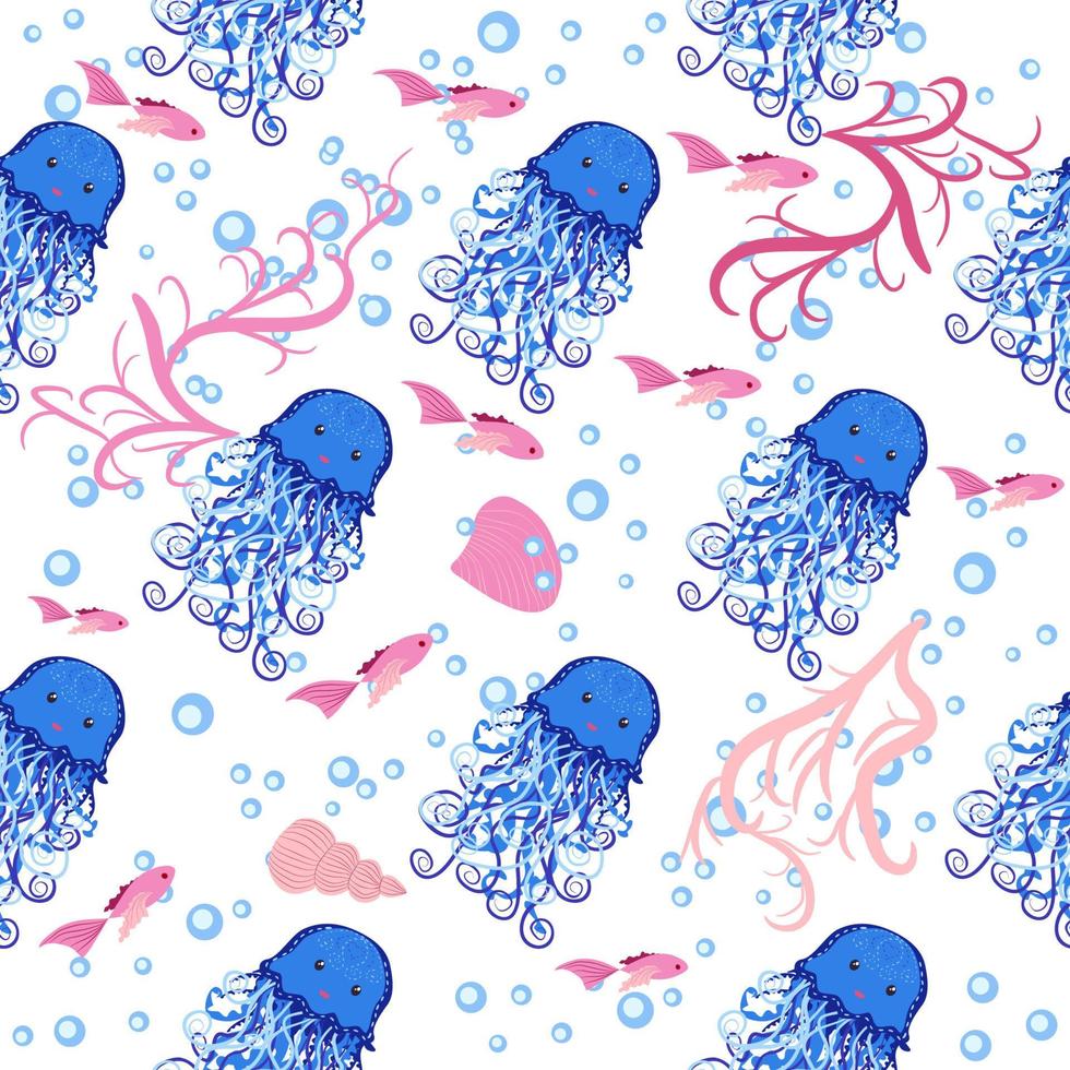 Seamless pattern with detailed transparent jellyfish. Childish seamless pattern with cute hand drawn fishes and jellyfishes in doodle style. Trendy nursery background vector